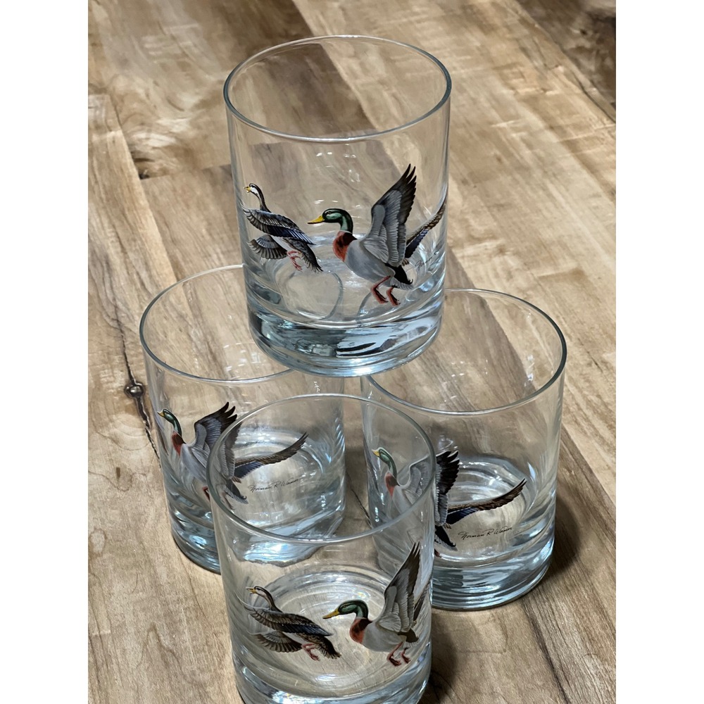 Norman R Adams Mallard Duck Whiskey Glasses Set of 4 Vintage Rocks Lowball Glass - Picture 3 of 5